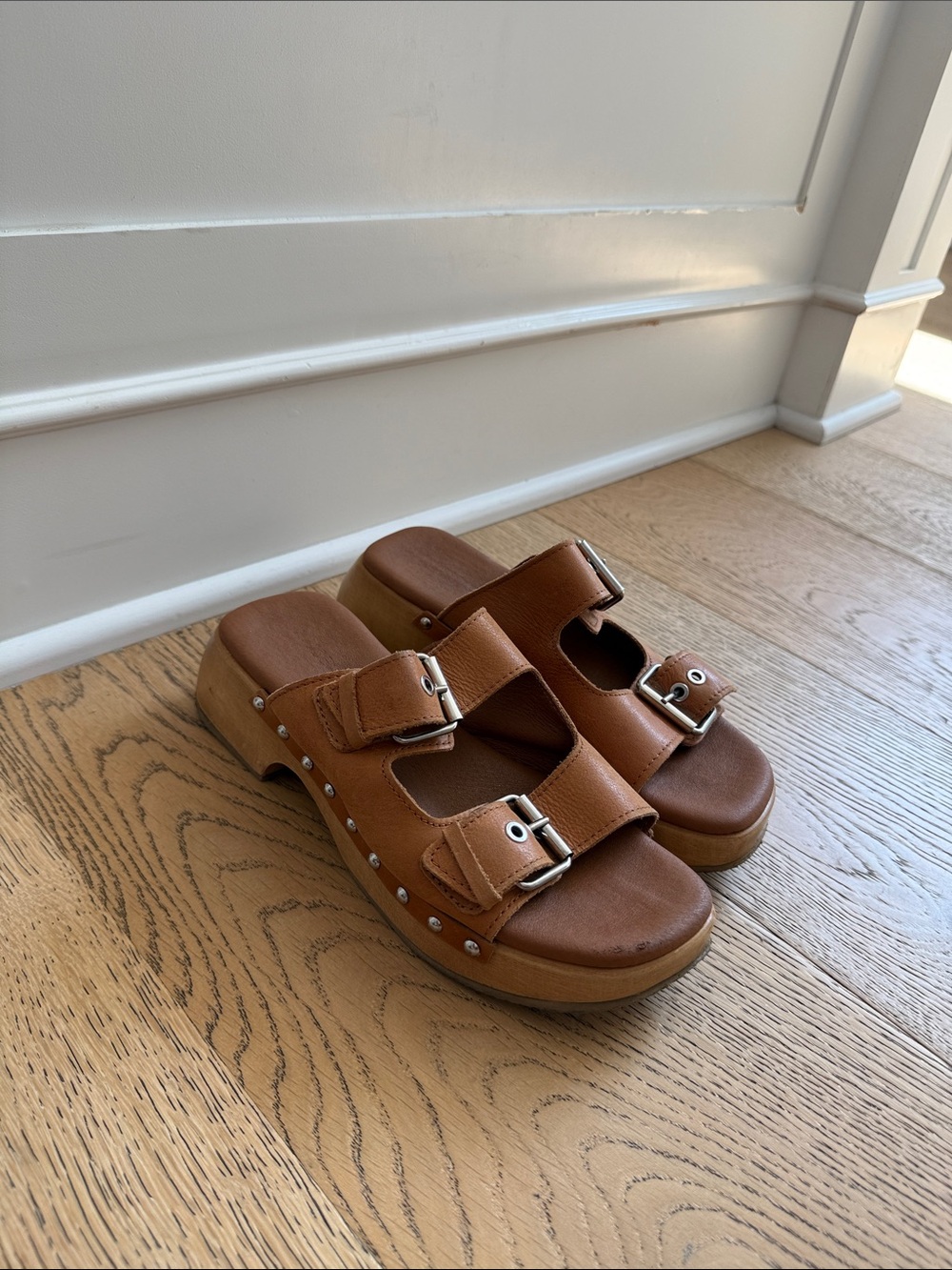 Roolee Tan Leather Double-Buckle Clog Sandals